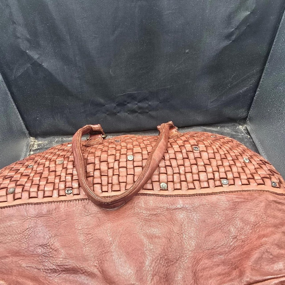 Harbour brown leather‎ woven bag with studded detail